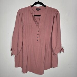 Cocomo Womens 2X Pink V-Neck Pleated‎ Popover Blouse Peasant Cottagecore
